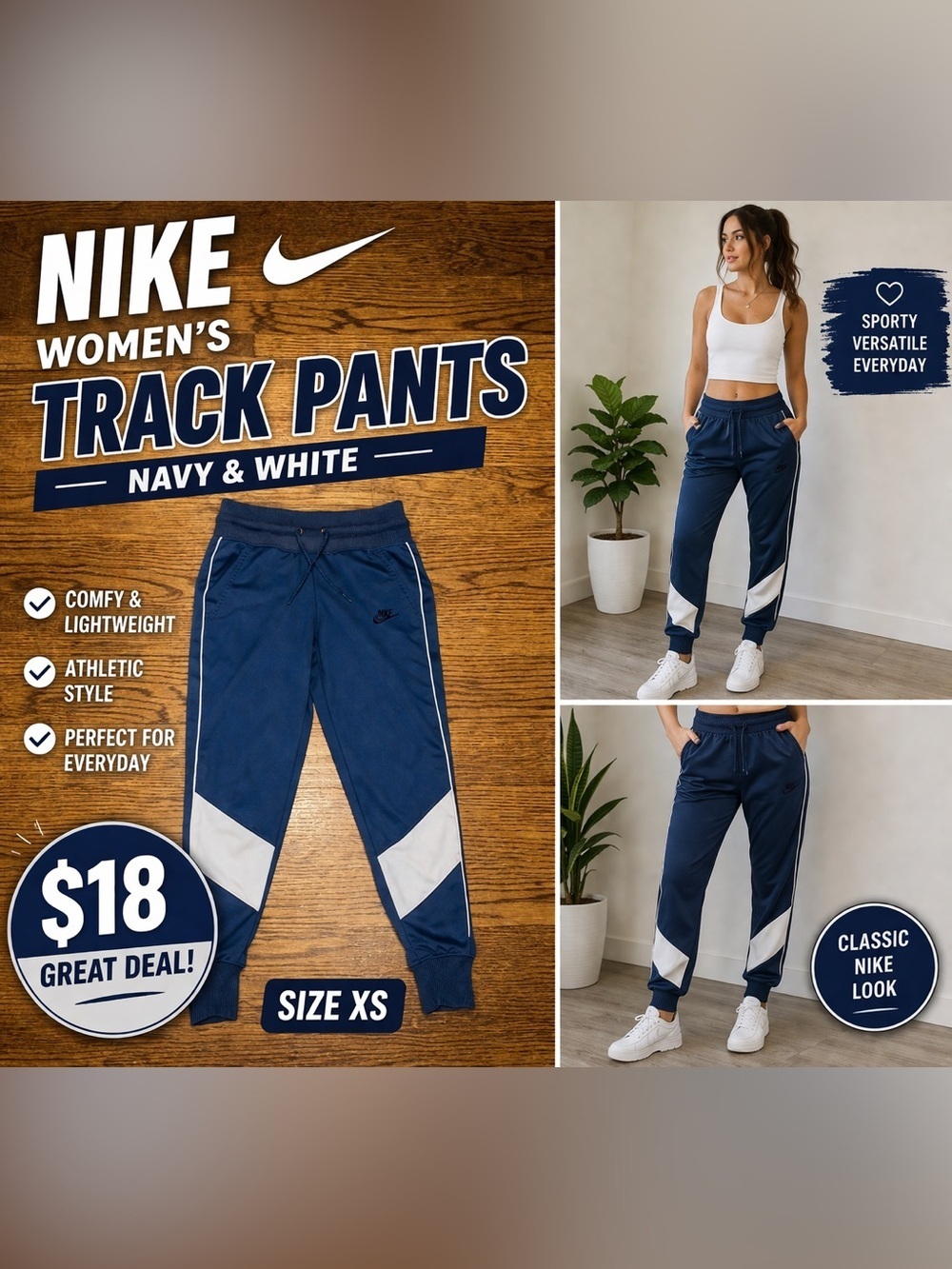 Nike Women's Navy and White Track Pants Performance Wear for Women Size XS